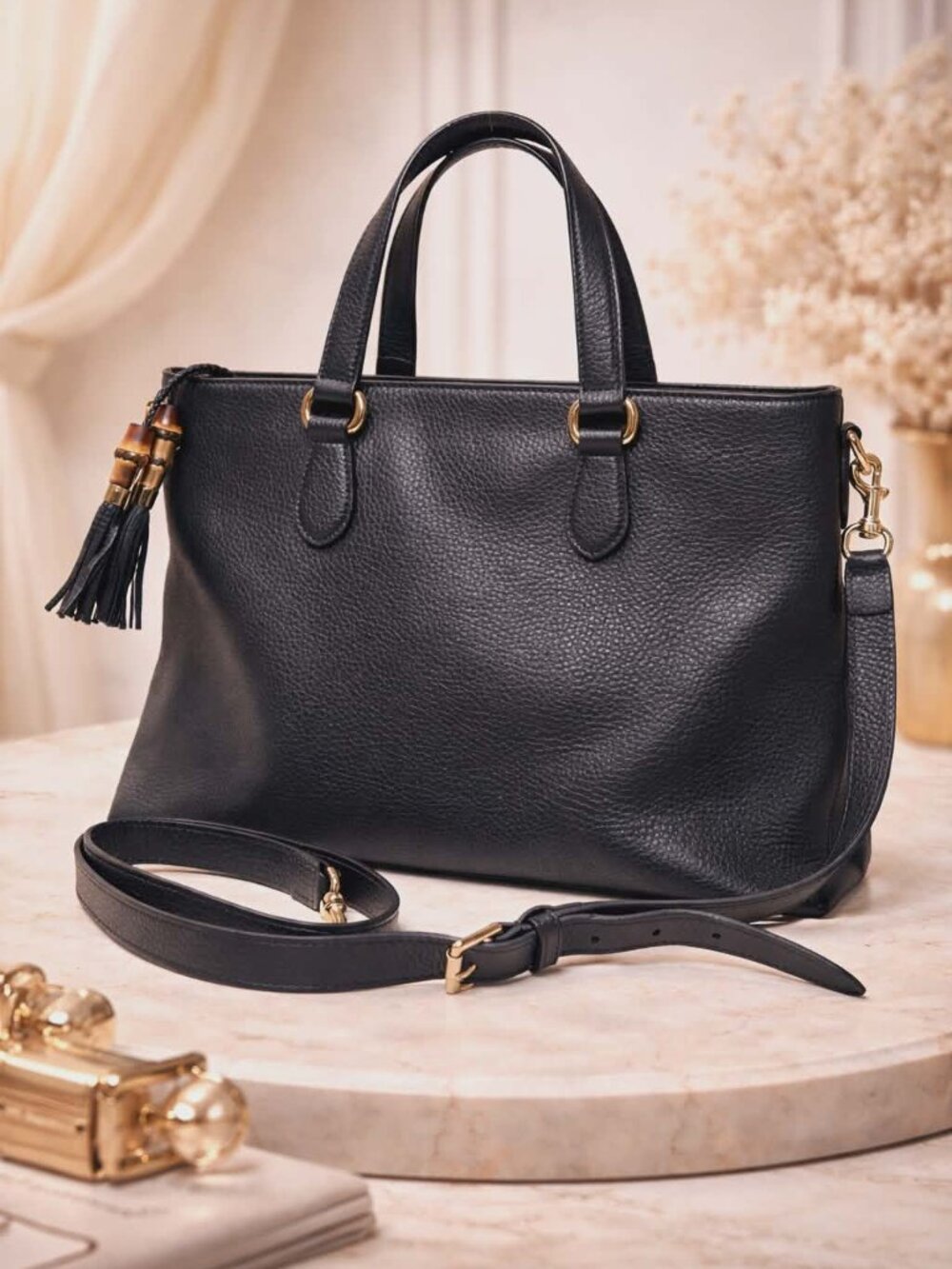 Authentic Gucci Black Leather Tote Bag Bamboo Tassel Crossbody Satchel Gold Hard
